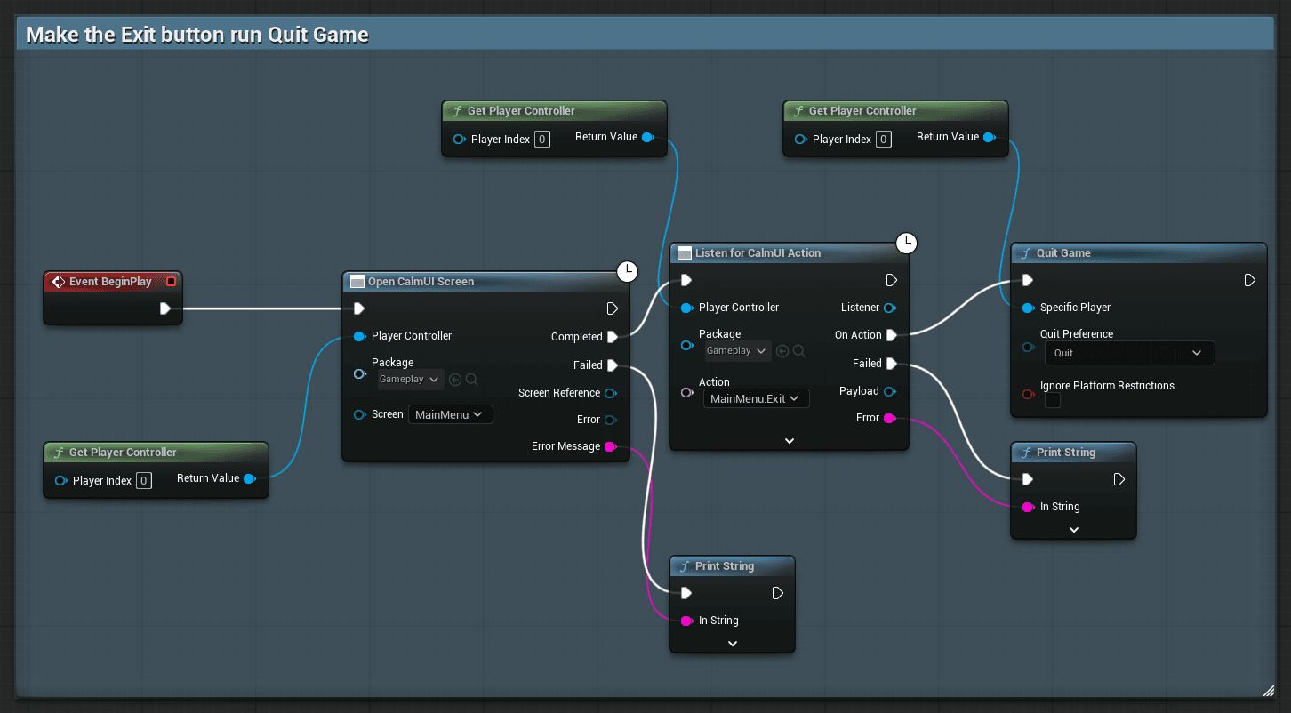 Blueprint graph: Open CalmUI Screen Completed starting Listen for CalmUI Action for MainMenu.Exit; On Action runs Quit Game
