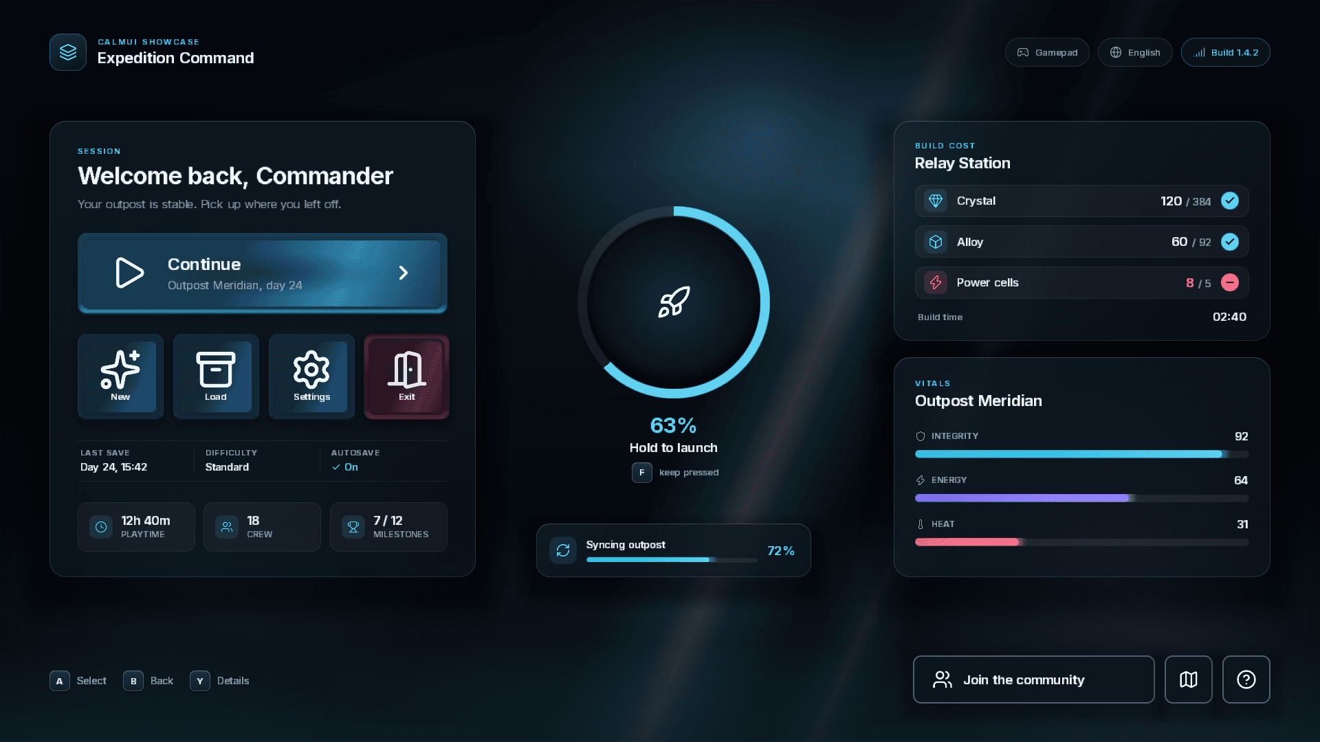 CalmUI showcase: dark glass menu with conic hold ring, blur and localized labels
