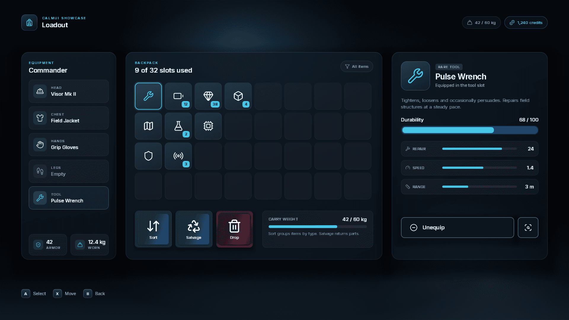CalmUI showcase: dark loadout screen