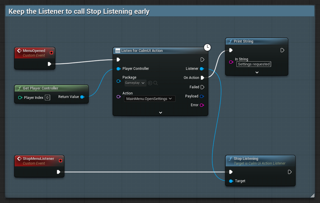 Listen for CalmUI Action for MainMenu.OpenSettings whose Listener output is connected to a Stop Listening node triggered by a custom event
