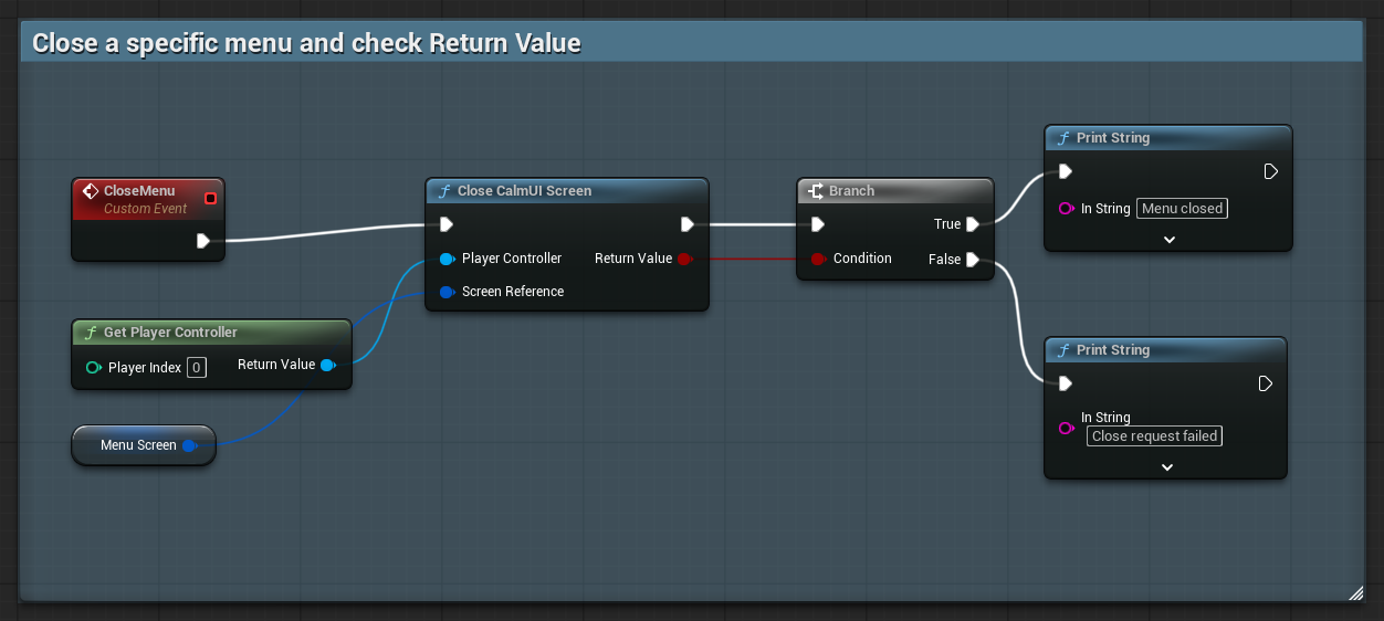 Custom event CloseMenu calling Close CalmUI Screen with the MenuScreen variable, then a Branch on Return Value printing Menu closed or Close request failed