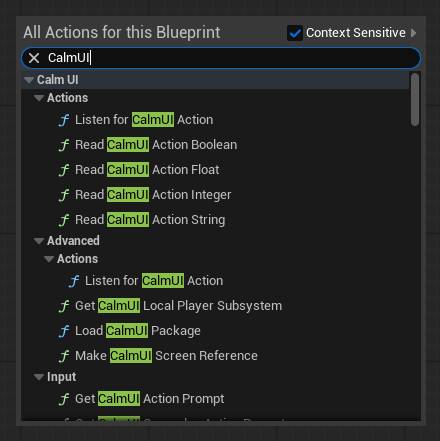 Blueprint action menu filtered by the word CalmUI, showing the Calm UI category with Actions, Advanced and Input nodes
