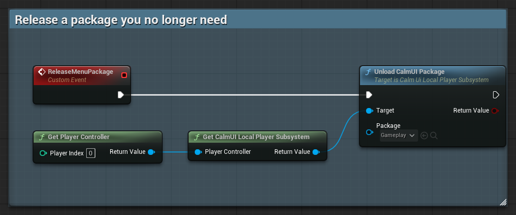Custom event ReleaseMenuPackage calling Unload CalmUI Package on the Local Player Subsystem with the Gameplay package