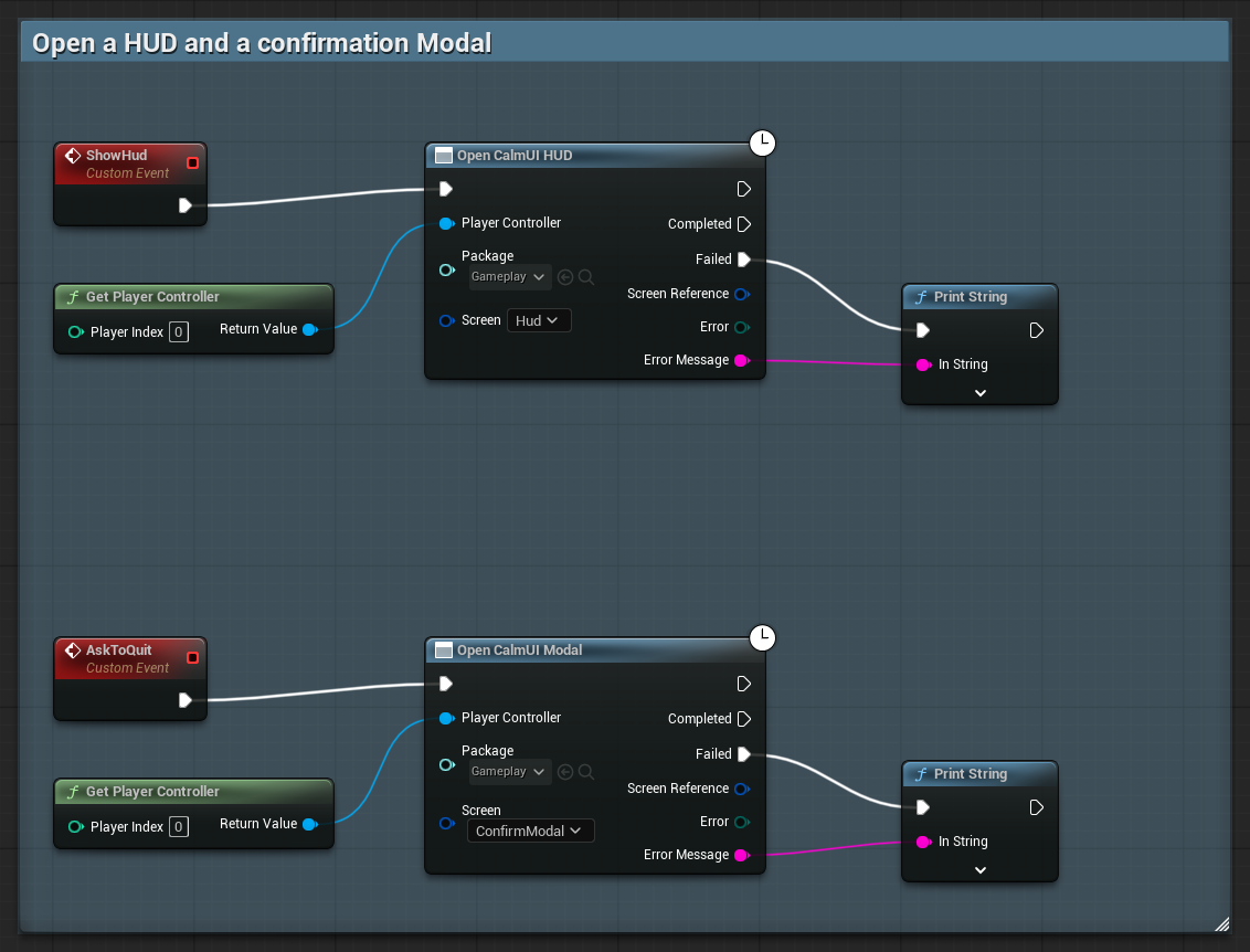 Open CalmUI HUD with Screen Hud and Open CalmUI Modal with Screen ConfirmModal, each with Failed connected to Print String
