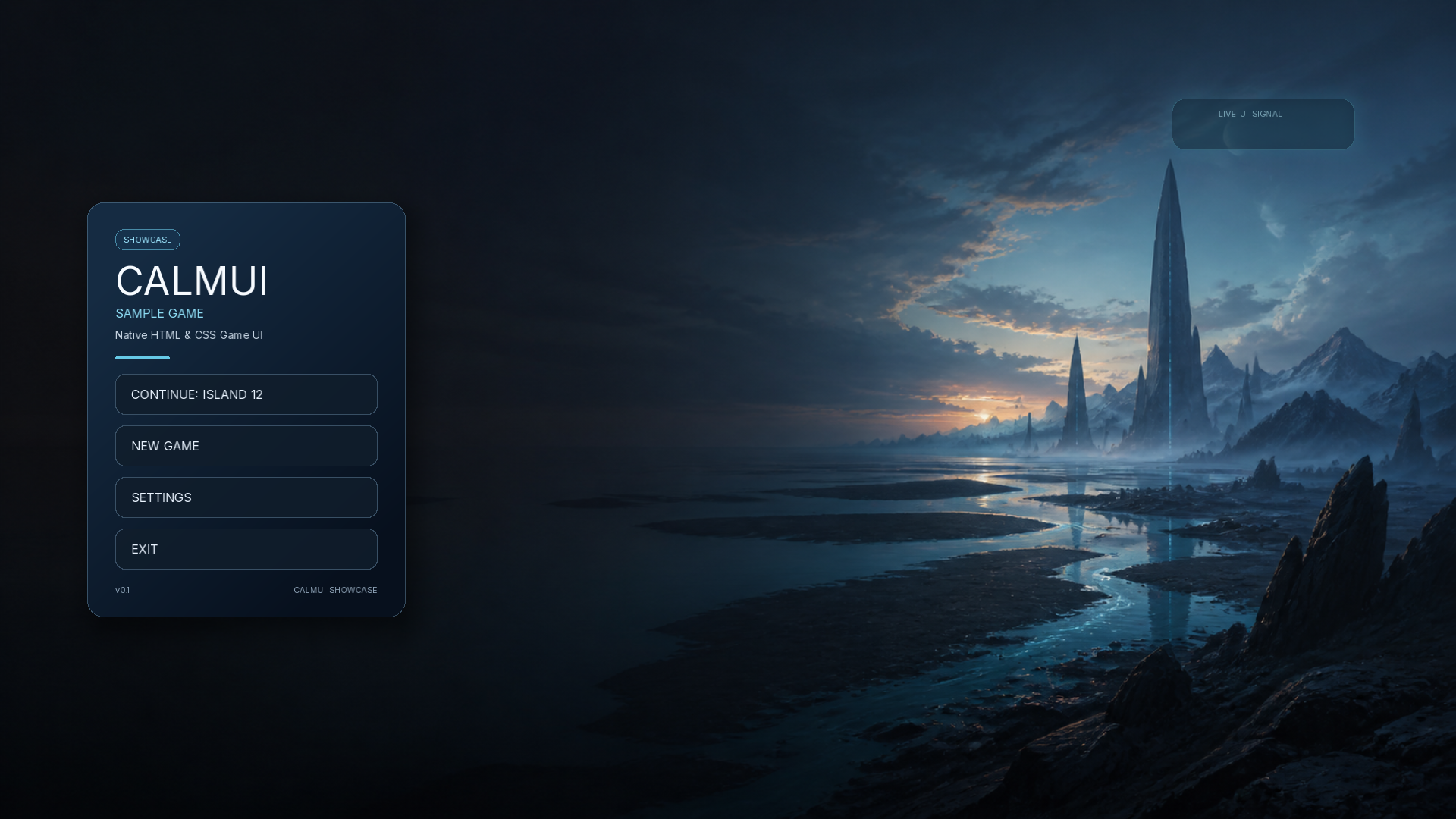 CalmUiShowcase main menu rendered in Unreal