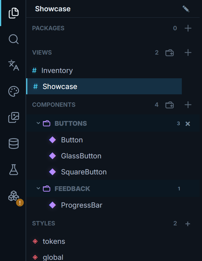 Project Explorer showing Views (Inventory, Showcase), Components grouped in BUTTONS (Button, GlassButton, SquareButton) and FEEDBACK (ProgressBar) folders, and Styles (tokens, global)