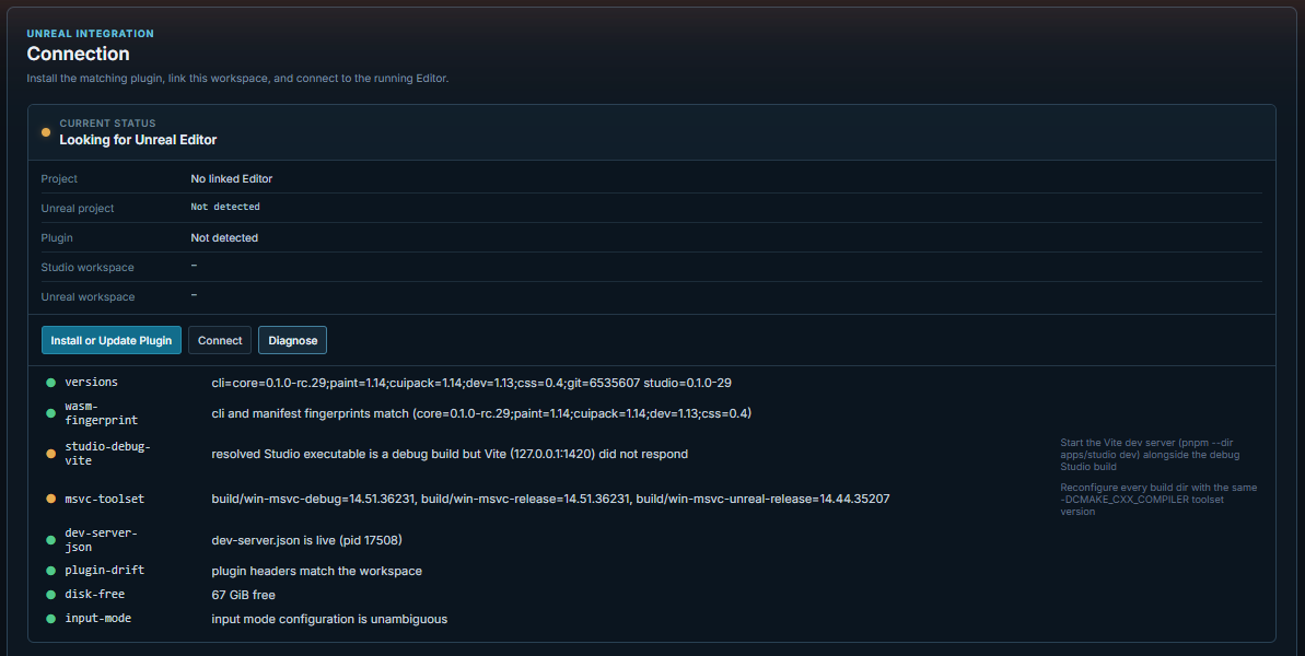 Unreal → Connection page: status Looking for Unreal Editor, project/plugin rows, Install or Update Plugin, Connect and Diagnose buttons, and the Diagnose results list (versions, wasm-fingerprint, studio-debug-vite, msvc-toolset, dev-server-json, plugin-drift, disk-free, input-mode)