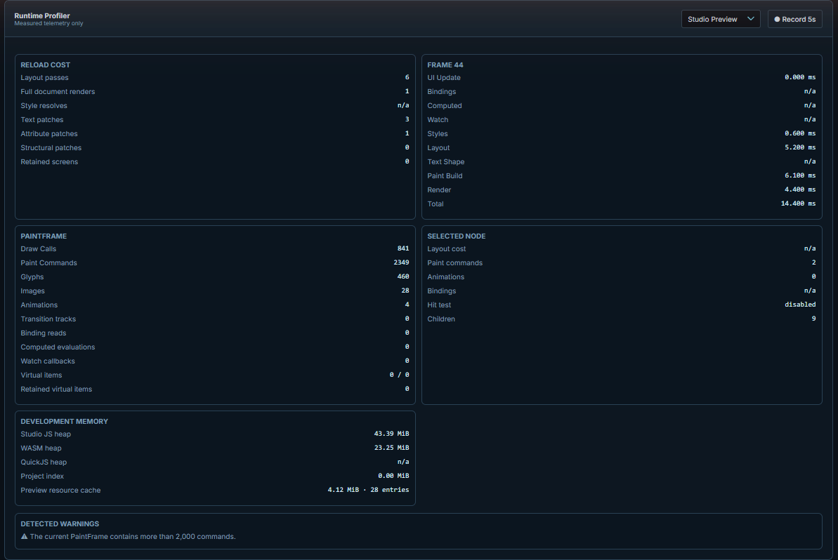 Runtime Profiler for Studio Preview with the Reload cost section (layout passes, full document renders, style resolves, text/attribute/structural patches, retained screens), Frame, PaintFrame, Selected node and Development memory sections
