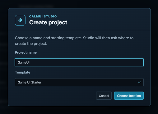 Create project dialog with Project name set to GameUI and Template set to Game UI Starter, with Cancel and Choose location buttons