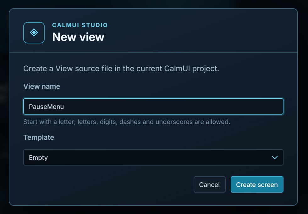 New view dialog with the View name field containing PauseMenu, the Template selector set to Empty, and a Create screen button