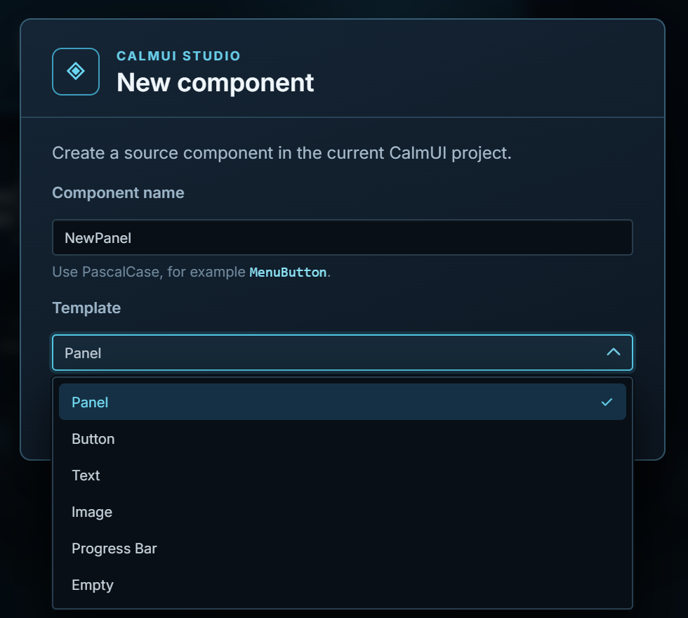 New component dialog with Component name NewPanel and the Template dropdown open, listing Panel, Button, Text, Image, Progress Bar and Empty