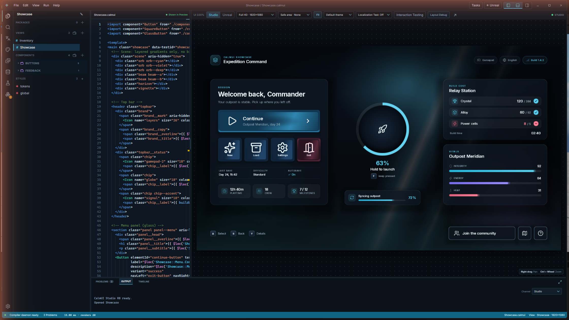 CalmUI Studio workbench: Explorer on the left, Showcase.calmui source in the editor, the live Preview of the Expedition Command hero screen, and the Output panel at the bottom