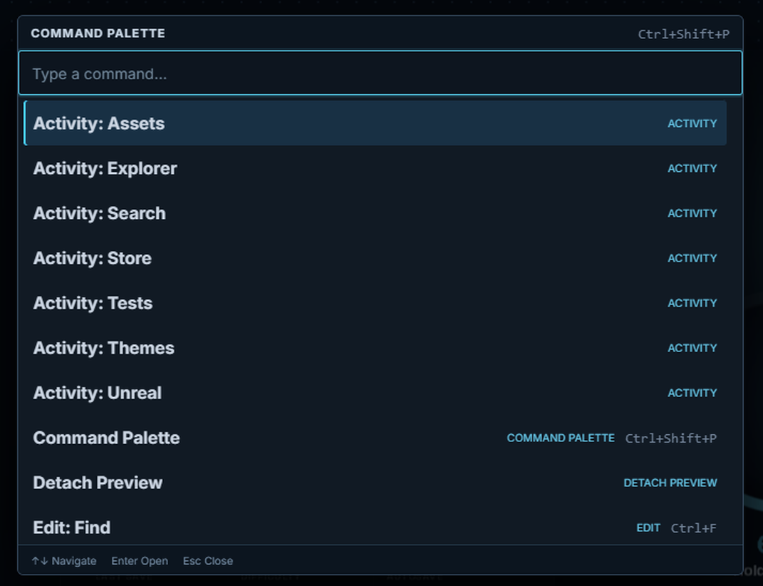 Command Palette (Ctrl+Shift+P) with the Type a command field and entries such as Activity: Assets, Activity: Explorer, Command Palette, Detach Preview and Edit: Find