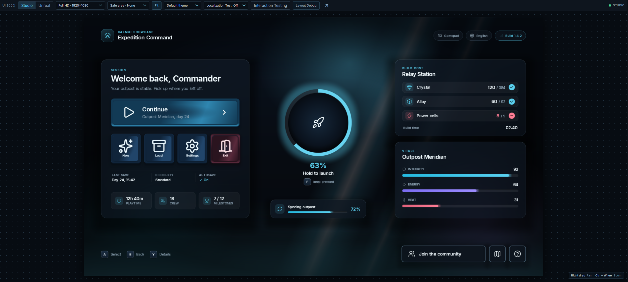 Preview pane with its toolbar (Studio/Unreal, Full HD 1920x1080, Safe area, Fit, Default theme, Localization Test, Interaction Testing, Layout Debug) above the rendered Showcase View