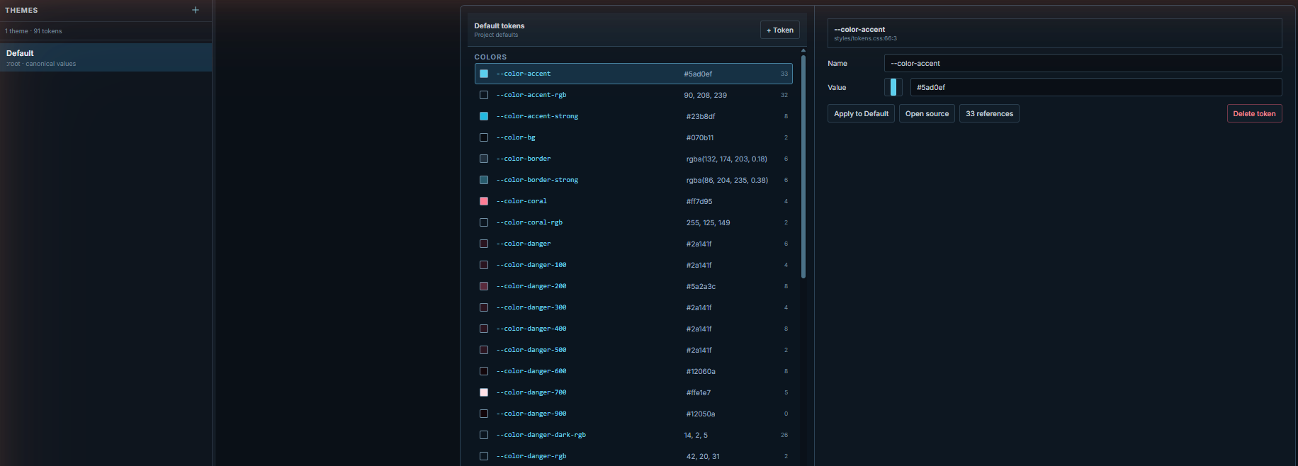 Theme Editor with the Default theme selected, the Colors token list on the left and the --color-accent token editor (#5ad0ef, 33 references) on the right