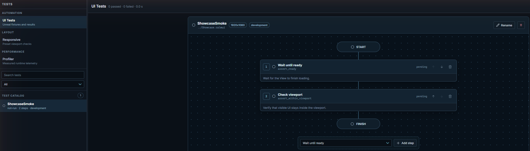 UI Tests panel with the ShowcaseSmoke test selected: Start, step 1 Wait until ready, step 2 Check viewport, Finish, and the Add step control