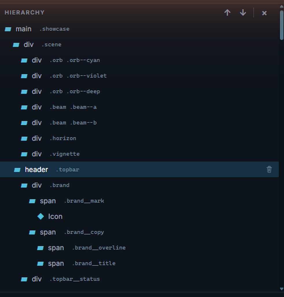 Hierarchy panel with the header.topbar row selected and the reorder arrows and delete button in its toolbar
