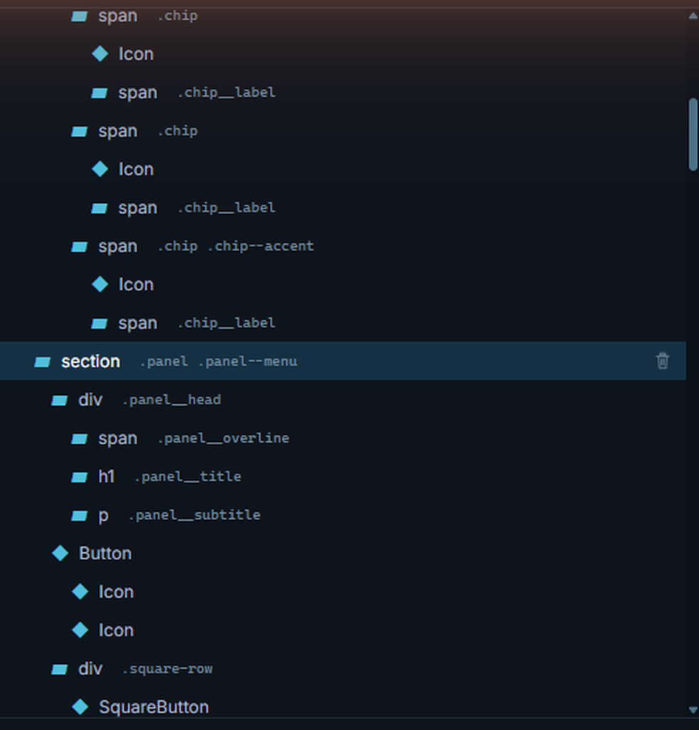 Hierarchy panel listing the Showcase View's elements with their static classes in muted text; the section.panel.panel--menu row is selected